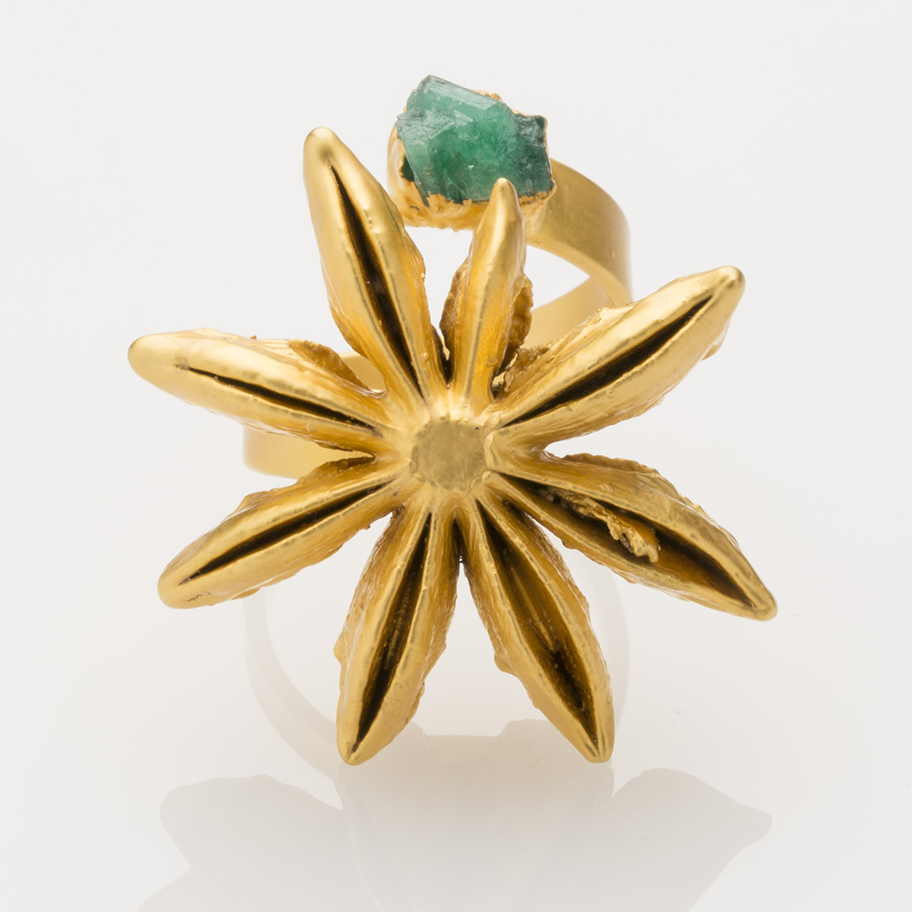 Star Anise and Rough Emerald Ring