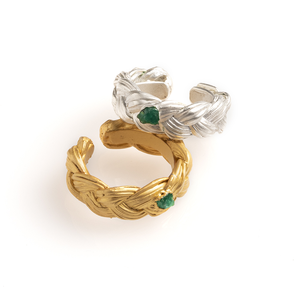 Braid Pine and Rough Emerald Ring