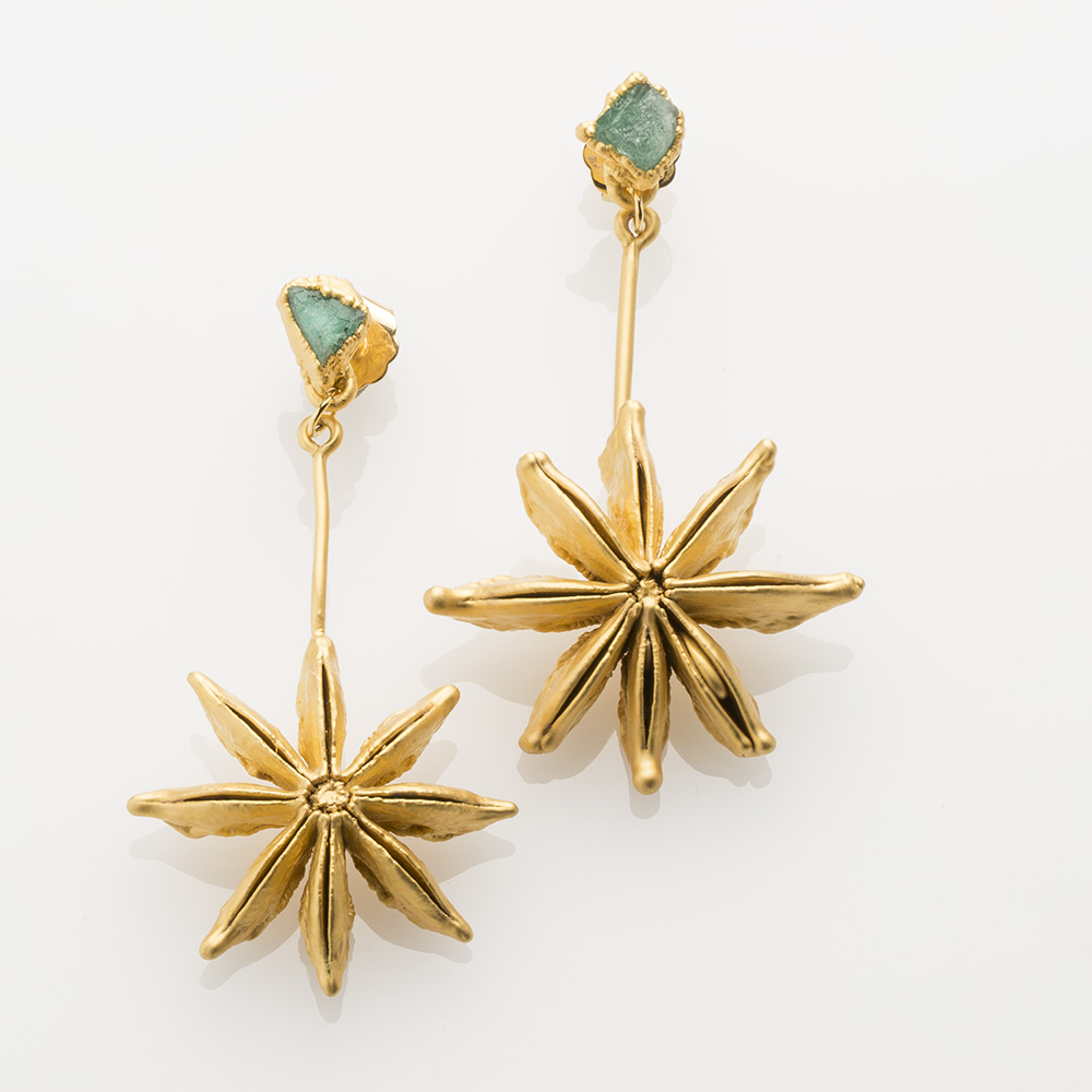 Star Anise Earrings and Rough Emerald